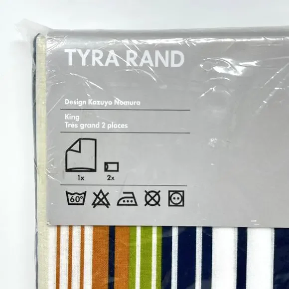 IKEA Tyra Rand King Duvet Cover + Pillowcases Striped 100% Cotton Maximalist New - Picture 2 of 11